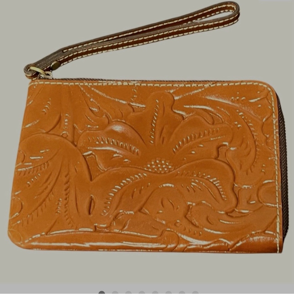 Patricia Nash Reala tooled leather zip wristlet card holder cognac 6” x 4.25”